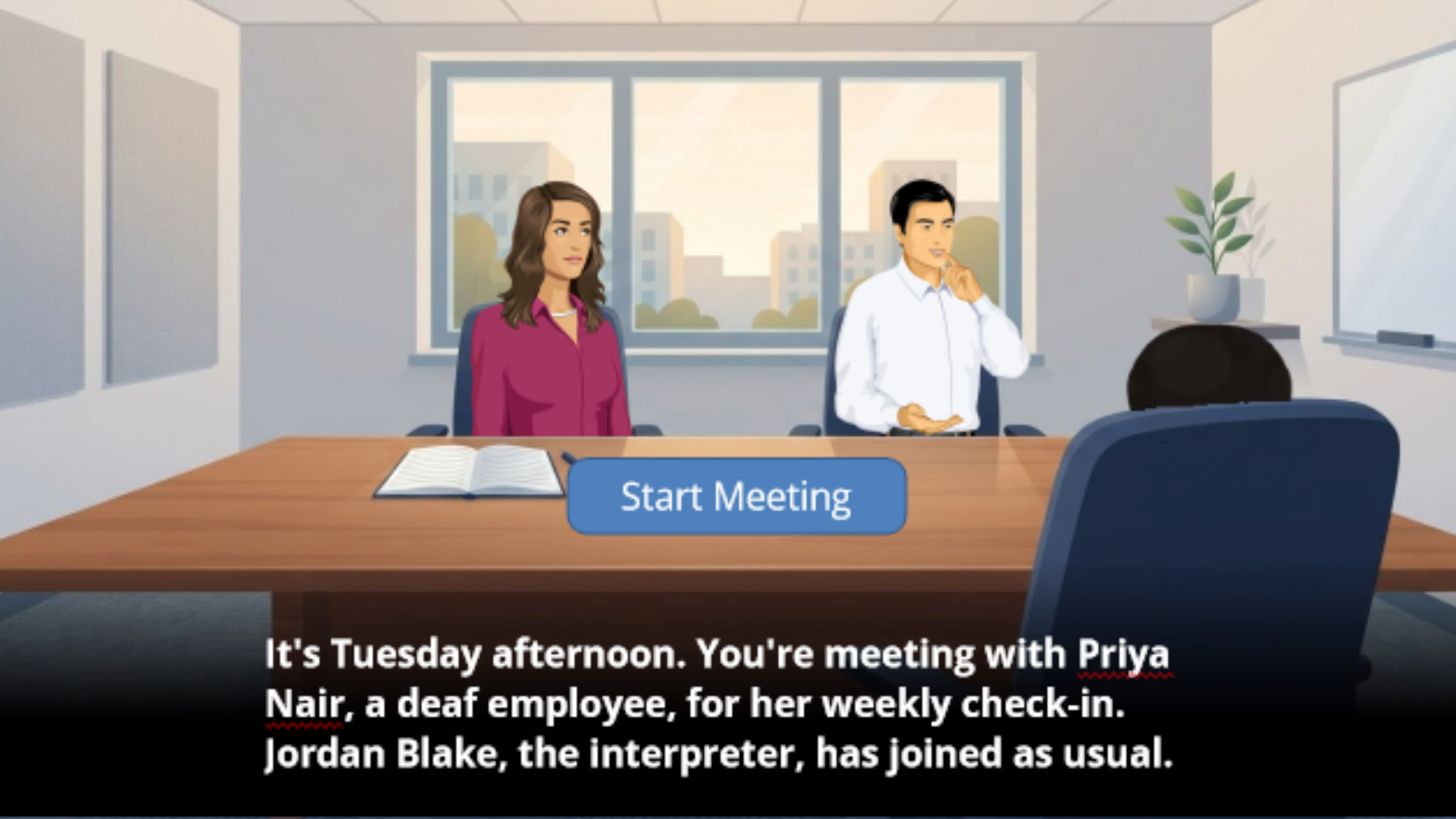 A deaf employee and her translator sit in a conference room waiting for a weekly check-in to begin with a manager.