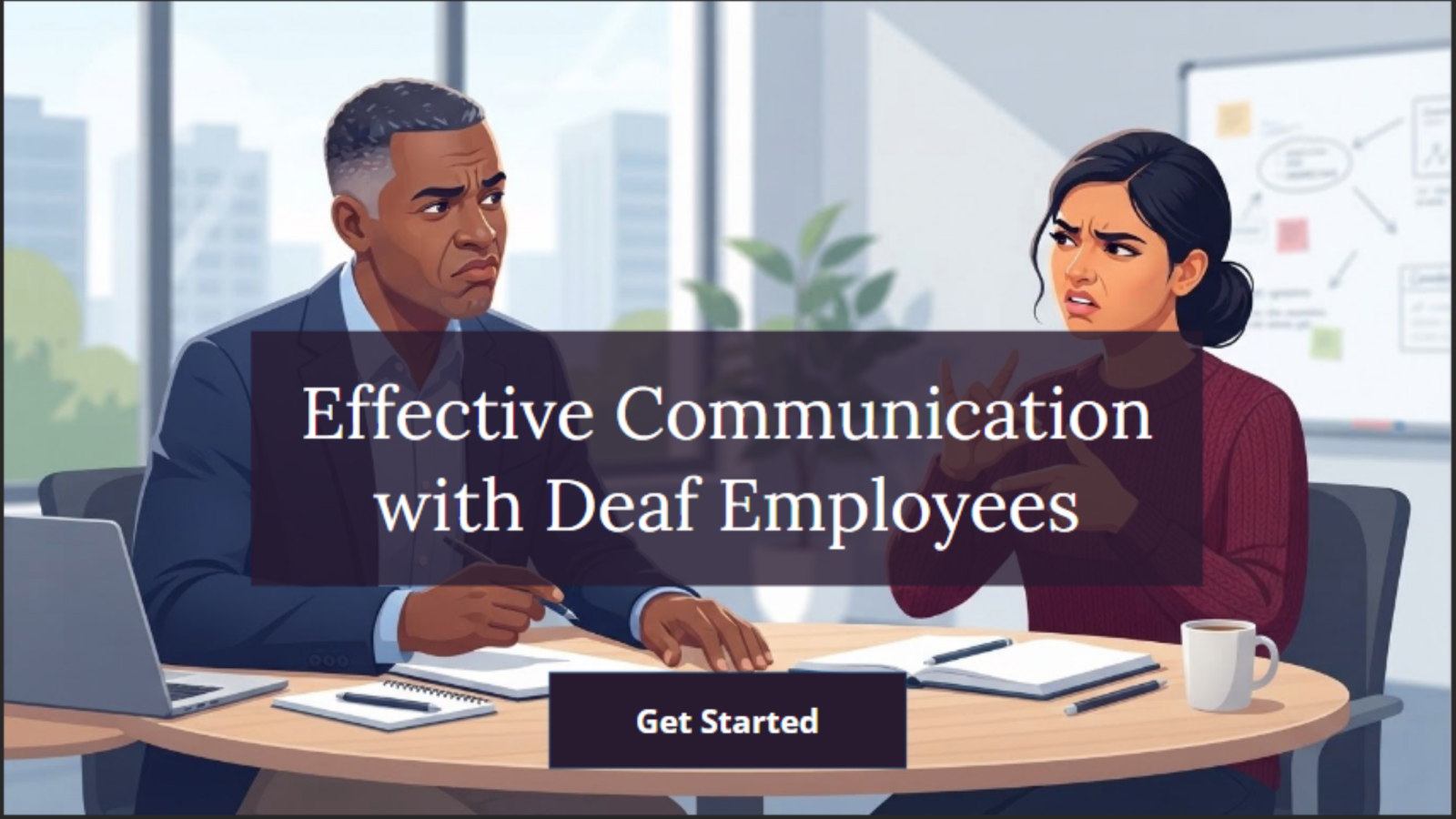 A deaf employee and her translator sit in a conference room waiting for a weekly check-in to begin with a manager.